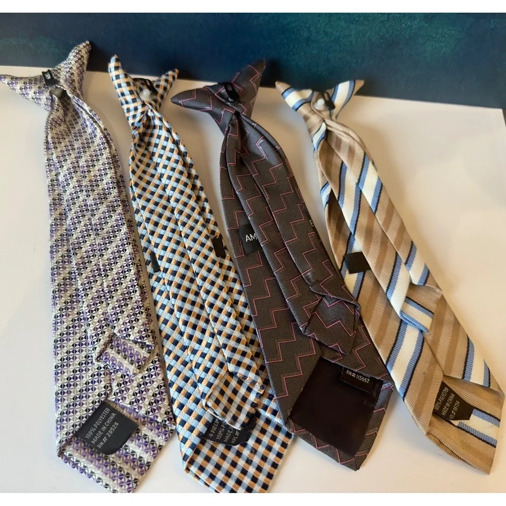 Boys Clip On Necktie Lot of 4 Striped Plaid Geometric Formal‎ Tie Ages 6-10